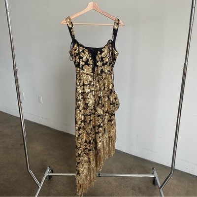 anisa fringe midi dress For Love & Lemons Anisa Asymmetrical Dress in Gold