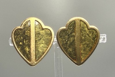 Monet Gold Tone Forest Green Marbled Inlay Geometric Clip-On Earrings Vintage