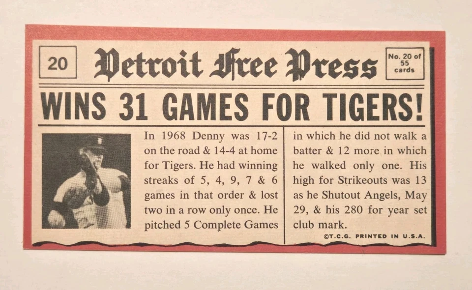 Tarjeta 1971 Topps Greatest Moments Denny McLain Tigres de Detroit #20 High Grade casi nueva/m Foto 2 de 2