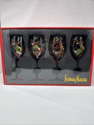 Newman Marcus Hand Painted Reindeer Wine Glasses Set Of 4 New In Box