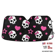 Skull Pink Bow Heart Star Car Windshield Sun Shade Block UV Skull Heart Star