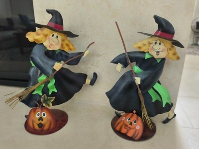 2 metal standing Halloween Witch figures with brooms and pumpkins decor