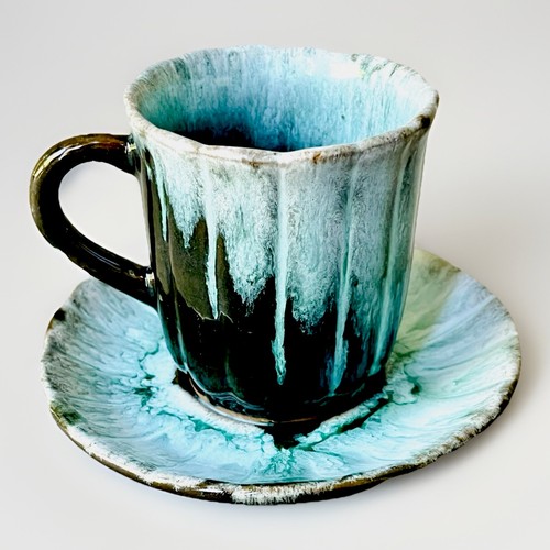 Canuck Evangeline Ware Cup & Saucer GORGEOUS Blue Green Drip Glaze 1950s Canada