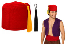 Felt Red Fez Hat Gold Tassel Shriner Turkish Tarboosh Moroccan Cap Adult Costume