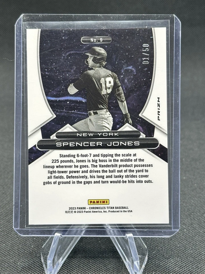 Spencer Jones 01/50 2023 Panini Chronicles Titan Purple Mojo Prizm #9 Yankees - Image 2 of 2