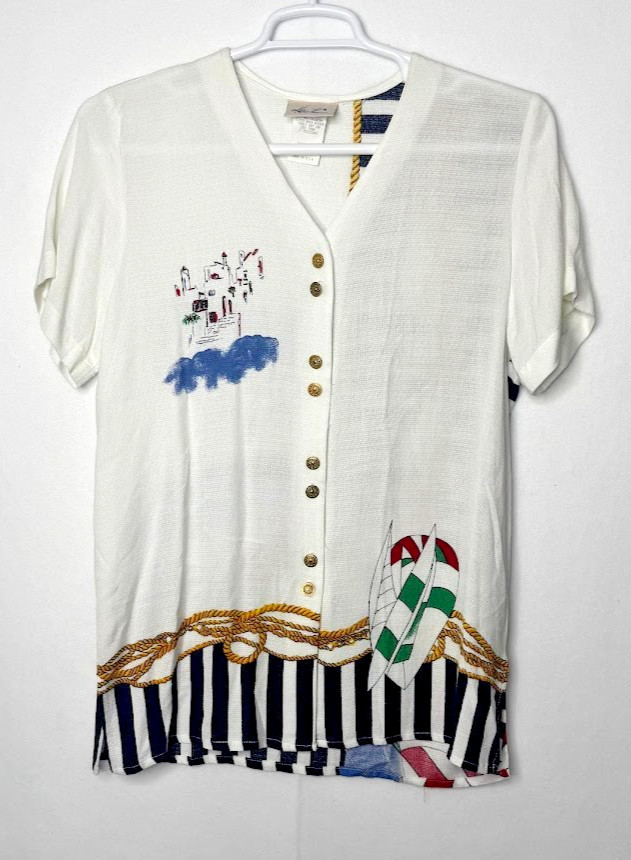 Vtg Kathie Lee Womens Size 10 Short Sleeve Button Down Top Nautical Blouse