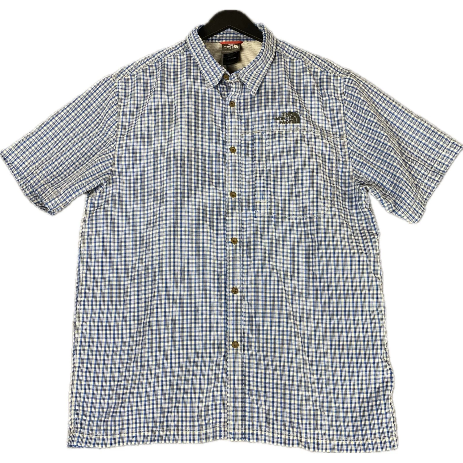 The North Face Mens Shirt L Blue Plaid Short Sleeve Hiking Zipper Pocket A4H9