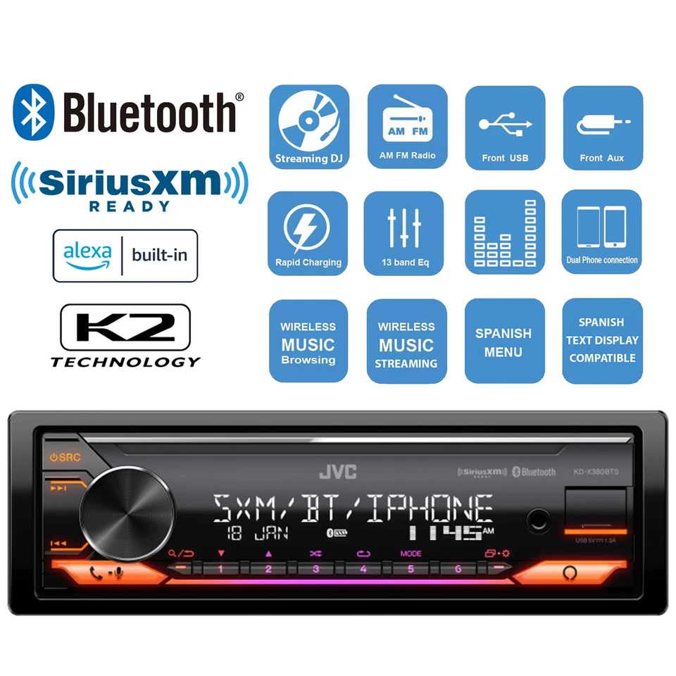 JVC KD-X380BTS Single DIN Bluetooth USB AUX AM/FM Radio Car Stereo Receiver - Image 4 of 4