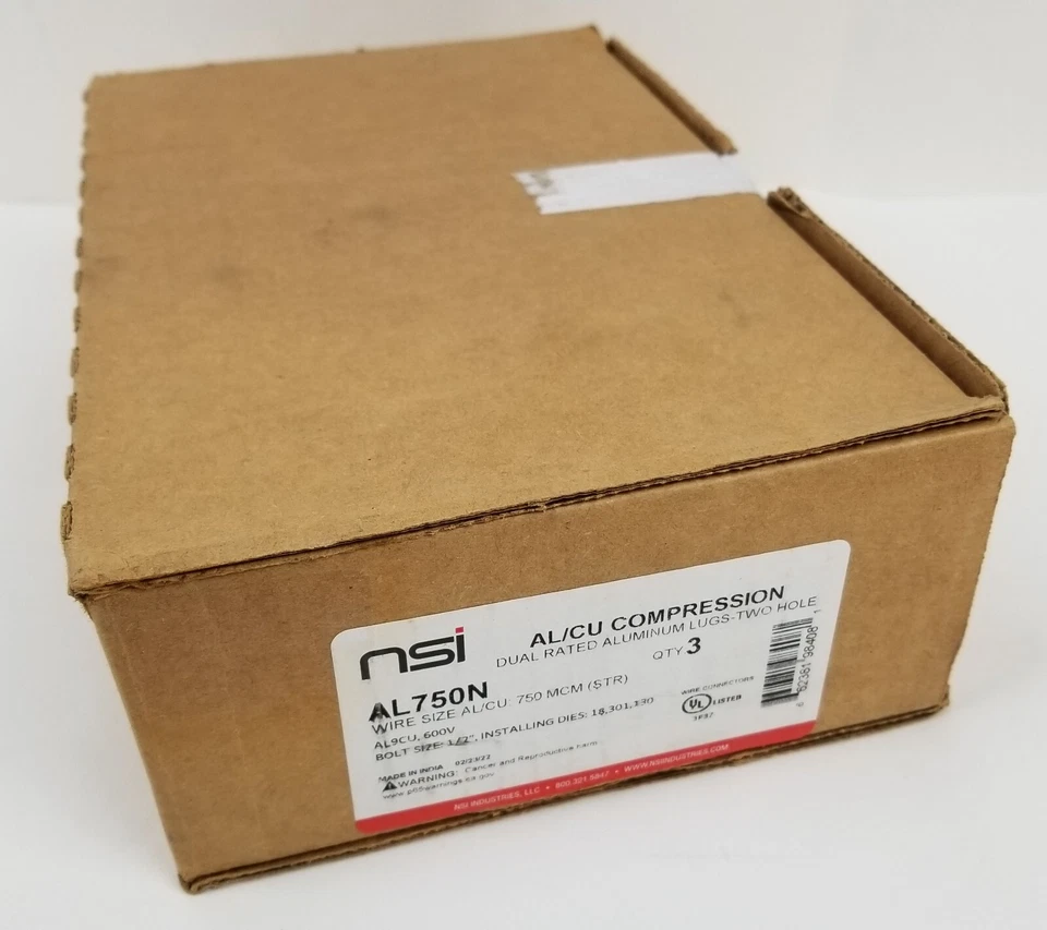 3 NSI AL750N Lugs AL/CU Yellow Dual Rated Compression Aluminum 2 Hole Lugs NEW - Image 2 of 4