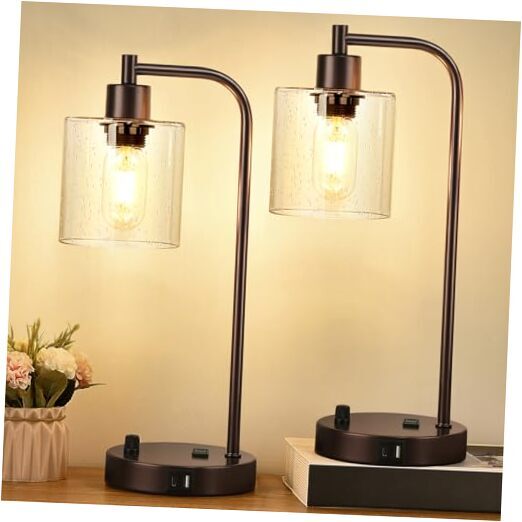 Set of 2 Oil Rubbed Bronze Table Lamps with 2 Seeded Glass&Oil-Rubbed Bronze