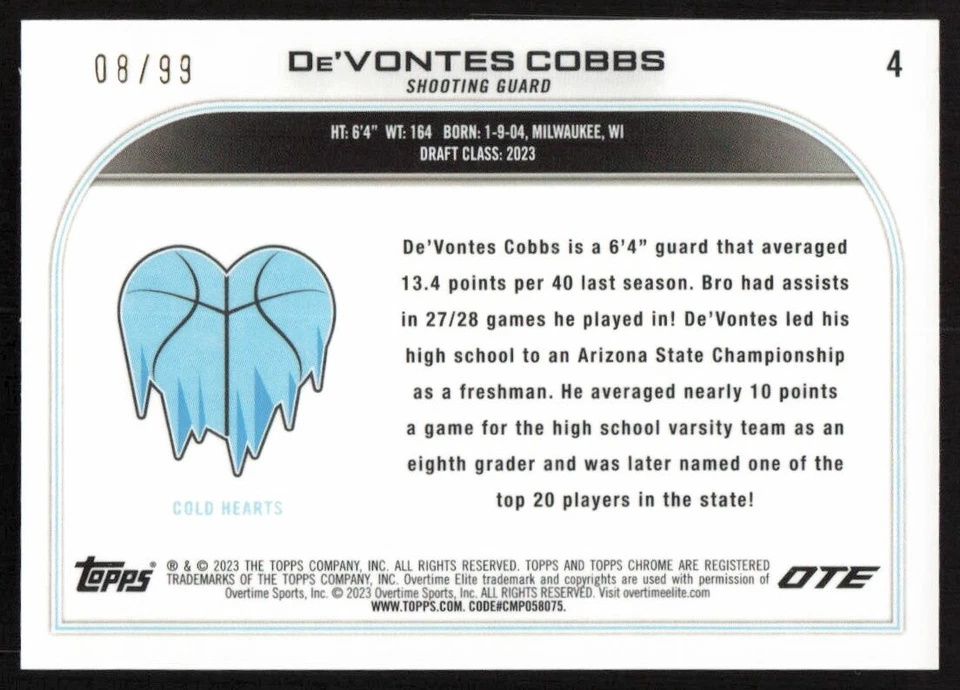 2021-22 Topps Chrome Overtime Elite Blue De'Vontes Cobbs /99 Team OTE - Image 2 of 2