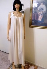 LUCIE ANN vintage Nylon BEIGE with Satin Banded Sleeve Nightgown size M medium