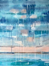 Sky Painting Blue Lake Original Art Semi Abstract Modern Wall Art 20x28" signed