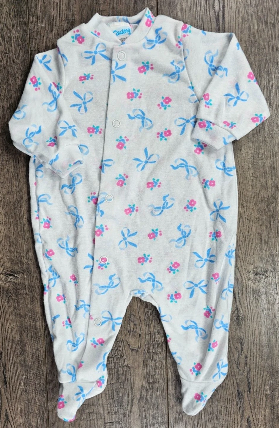 Baby Girl Clothes Vintage Carter's 0-3 Month Small Blue Bow Flower Footed Outfit
