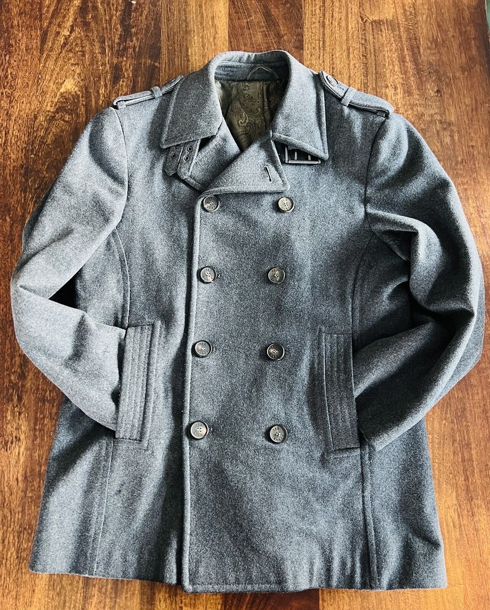 Mens TED BAKER Grey Double Breasted Wool Pea Coat Work Jacket 42-44”  L-XL