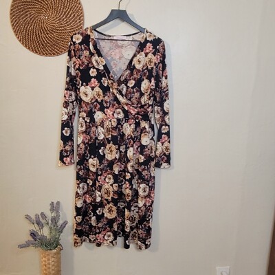 Neesee's Dresses Womens XL Long Sleeve Floral Pocket Navy Burgandy Comfy Stretch