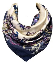 Wrapables Silky Feeling Satin Square Scarf, Intricate Paisley Navy 34”x35”