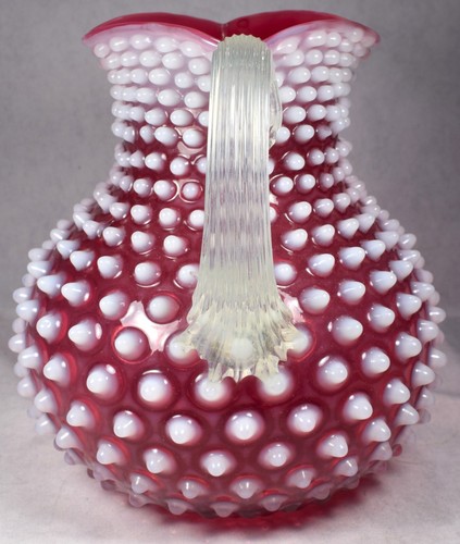 Fenton Glass Cranberry Red Opalescent White Hobnail Water Pitcher, Triple Pour - Picture 4 of 8