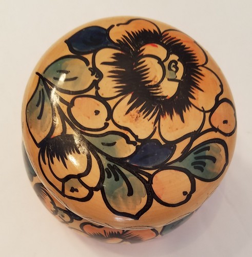 Vintage neue russische runde Schmuckschatulle aus Holz handbemalt Blumenmuster  - Bild 6 von 6