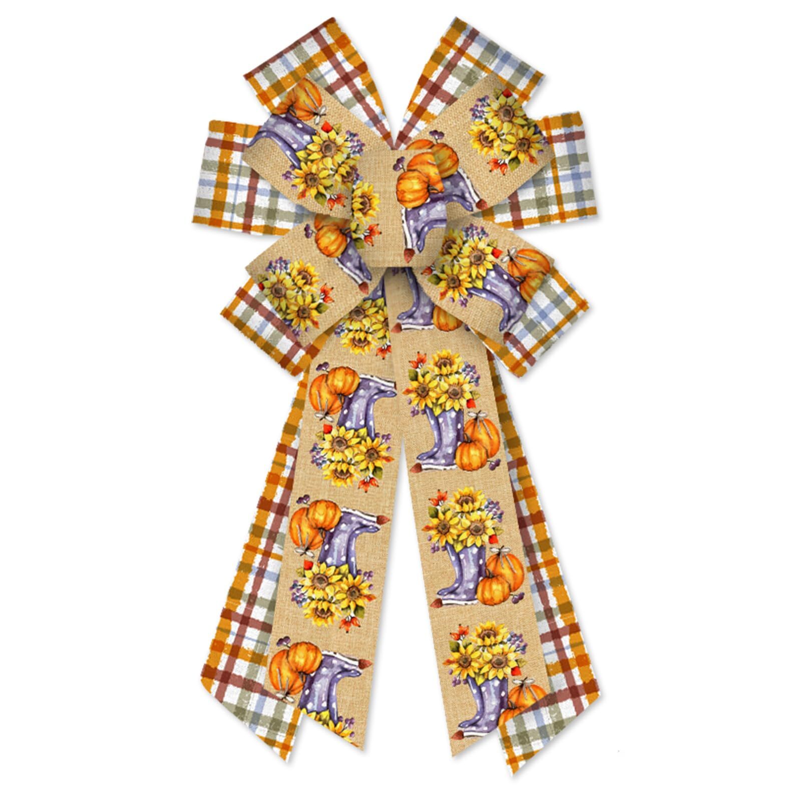 Large Thanksgiving Fall Wreath Bows with Pumpkin Sunflower Plaid and Burlap