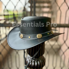Cappello da cowboy artigianale in pelle nera - stile western con conchiglie Sunburst