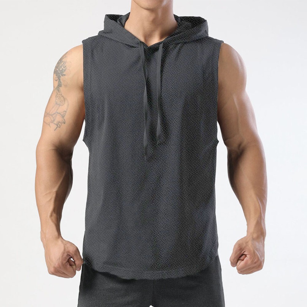 Vest Hoodie Men Muscle Polyester Regular Sleeveless Solid