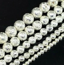 Silver Volcanic Lava Rock Metallic Titanium Coated Round Bead 15" 4 6 8 10 12mm