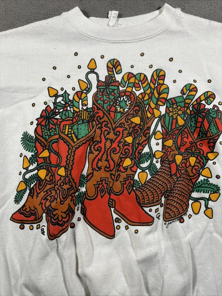 Suéter de Navidad DE COLECCIÓN Adulto Grande Años 90 Hecho en EE. UU. Botas Occidentales Abuela Núcleo Foto 2 de 4