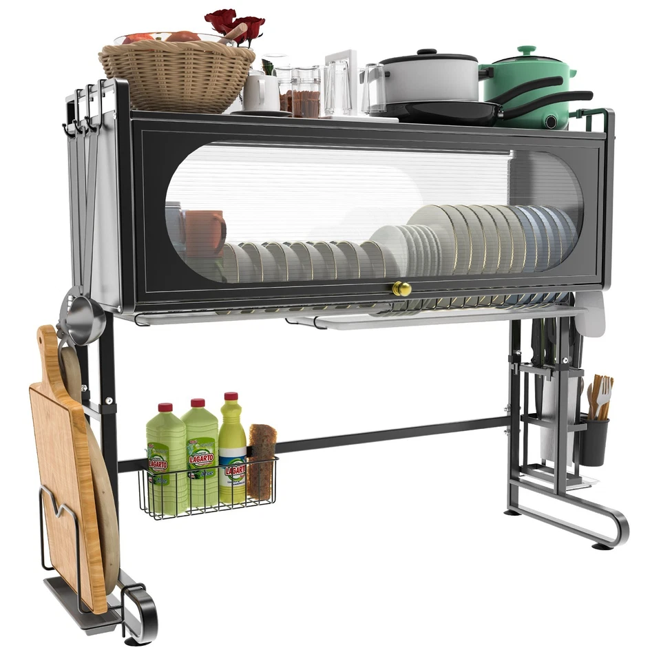 Estante de secado de platos grande de 3 niveles de metal para cocina con tapa Foto 3 de 4