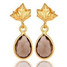 Natural Smoky Quartz 18K Gold Plated 925 Sterling Silver Dangle Earrings Jewelry