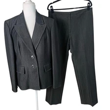 Kasper Size 14 Women's 2-Piece Pant Suit w/ Blazer Jacket Charcoal Black Work 