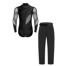 Mens Dance Outfit Jazz Set Chacha Dancewear Bodysuit Mesh Samba Long Sleeve