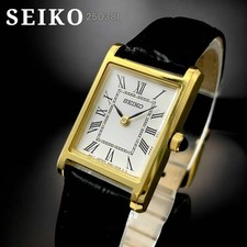 Seiko SWR054 Ladies Quartz Watch Black Leather Strap White Dial Gold C Excellent