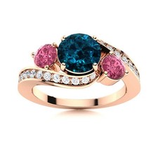 London Blue Topaz  Pink Topaz 5MM Round 925 Silver Rose Plated Three Stone Ring