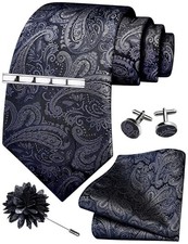 Tie Set for Men Necktie and Pocket Square,Tie Clip,Cufflinks, Lapel Pin Grey