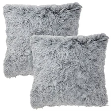 2 Pack Decorative Grey Fuzzy Faux Fur Throw Pillow Covers for Couch Sofa, 18x18"