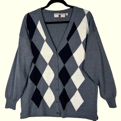 Paolo Ottaviani Mens XL Argyle V Neck Cardigan Sweater Italy Merino Wool Blend