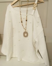 Made In Italy Fluffy White Off Shoulder Jumper With Pearls And Gold Trim Size L