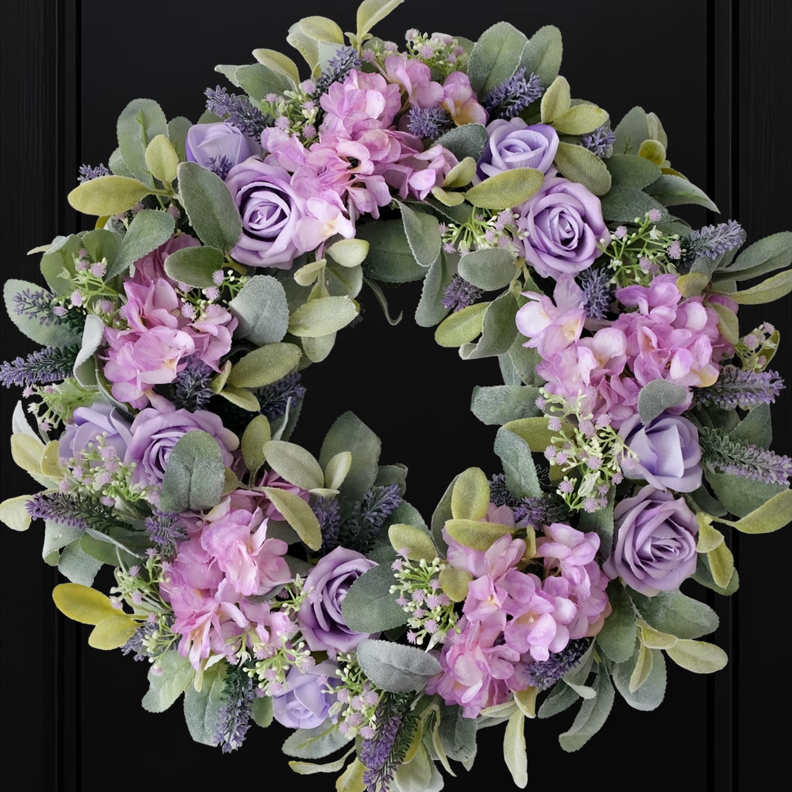 22 Inch Artificial Spring Wreath with Greenery Lamb's Leaves for Front Door Summer Decor