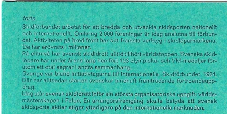 Sweden Stamp Booklet 1974 SC# 1035a ' Skiing ', BP of 10, 2 each #1031-1035 - Image 2 of 3