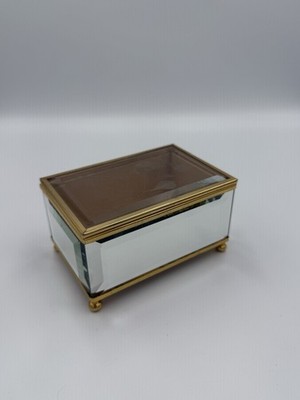 Vintage Brass And Beveled Glass Jewelry Box With Mirror 4 Footed