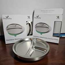 2x Avanchy Stainless Steel Baby Plates with Pink Suction Divided Plate