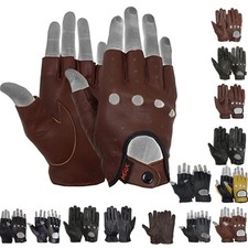 Mens Driving Gloves Basic Soft Goat Leather Fingerless Breathable Biker Motor...