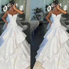 Stain Wedding Dress Ruffles Strapless Sweep Train White Ivory A-Line Bridal Gown