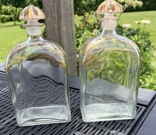 2 1950s MCM Glass Sherry Bottles & Stoppers Painted Gold Decorations Jerez Spain