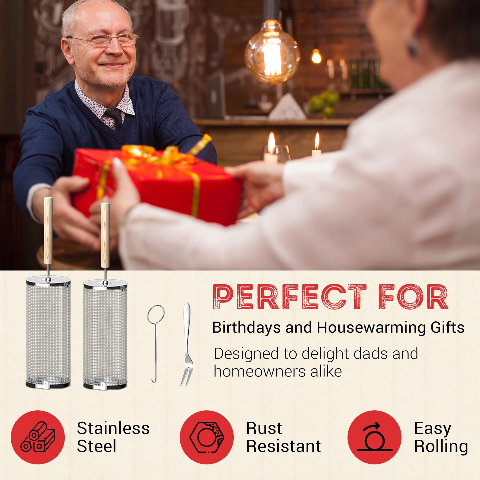 Rolling Grill Basket Round Shaped with Removable Wooden Handle 304 Stainless