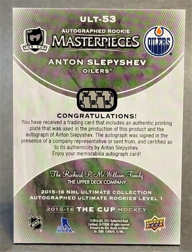 2015-16 Upper Deck The Cup Printing Plates Yellow #UTL-53 Anton Slepyshev 1/1 - Picture 2 of 2