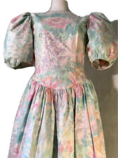 FULL SKIRT Vintage 80s Midi COTTAGECORE PuffySleeve Floral Pastel Tea Dress 10