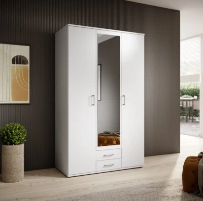 ARTHAUSS FURNITURE Brand New Modern Hinged Mirrored Door Wardrobe Karl in White Matt 120cm