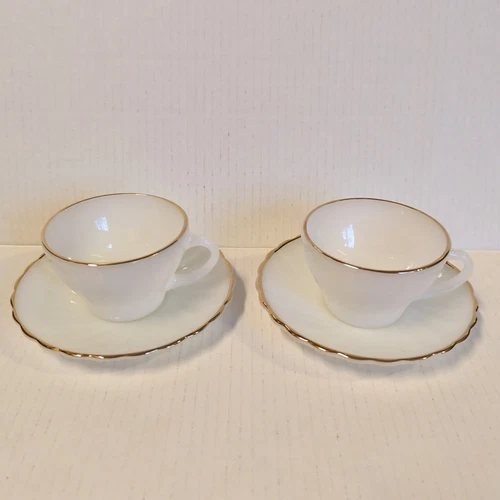 Vintage Anchor Hocking Suburbia Milk Glass Teacup And Saucer Gold Rim Set 2